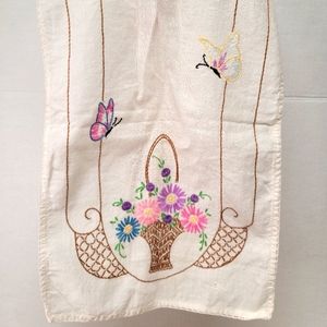 Vintage Handstitched Flowers and Butterflies Tea Towel